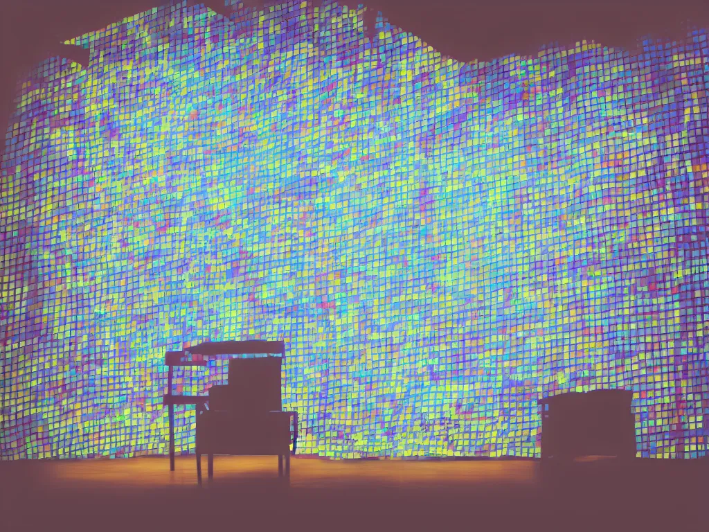 Prompt: room with overlaping screens projecting art, pixel perfect image, high contrast, volumetric lighting, tiny neon light, chair, user, pair of keys