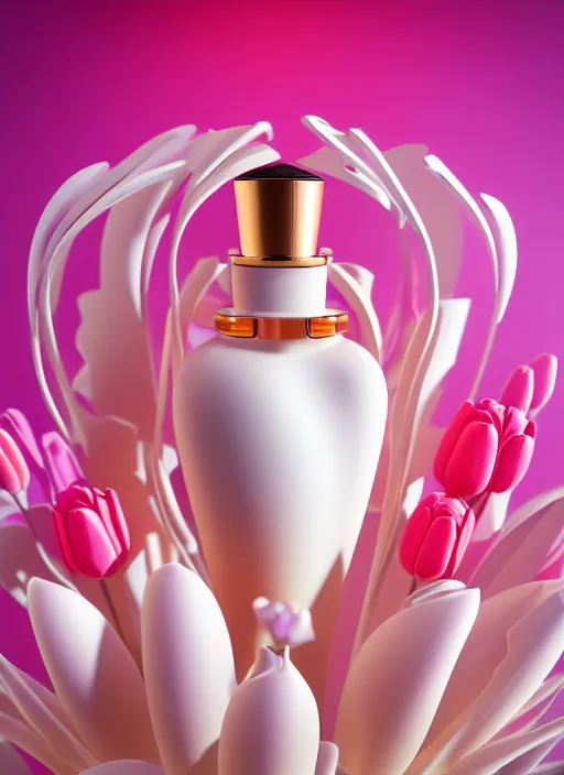 Image similar to perfume bottle standing in the center of a biomechanical light - pink enchanted coral reef made of tulips in an ivory room well contoured smooth fair walls, up close shot, sharp focus, global illumination, radiant light, alexandre ferra white mecha, irakli nadar, octane highly render, 4 k, ultra hd,