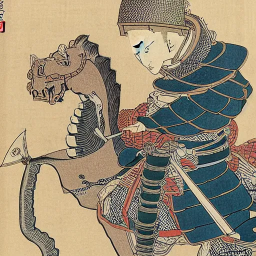 Image similar to knight in plate armor, 8k, ultra detailed, Ukiyo-e style by Katsushika Hokusai