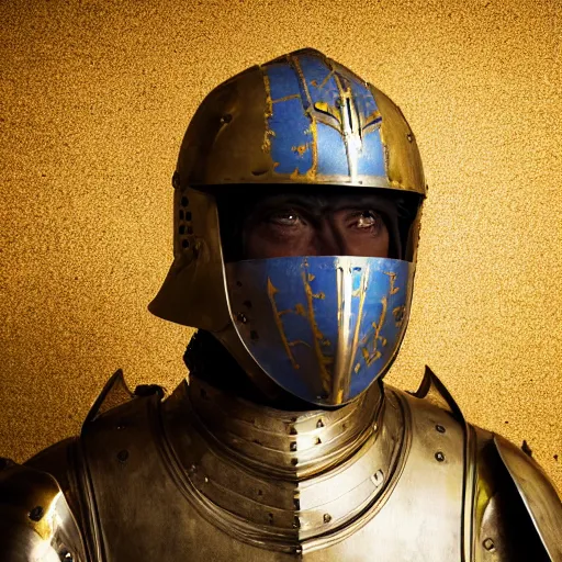 Image similar to portrait of a man as a knight in armour wearing an open helmet, studio lighting, dark textured background, photo realistic style, multiple lights, yellow ocre tint dominant, blue backlight, grunge and destructured after battle, scratches, marks on iron