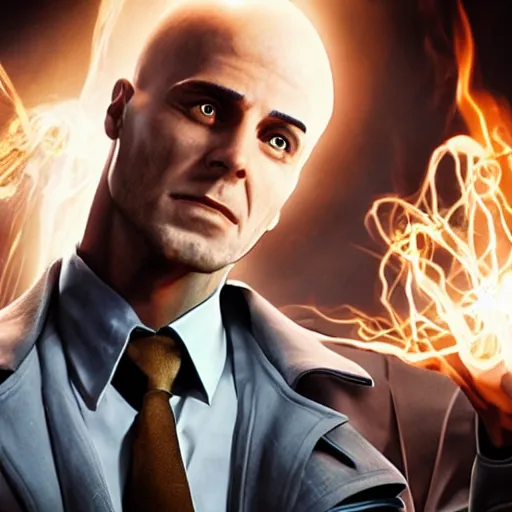 Image similar to A still of Dr. Manhattan as John Constantine, award winning photo, unreal engine, highly detailed features