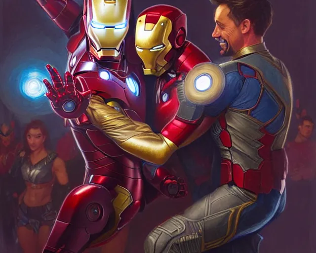 Prompt: iron man and captain america dancing in a club, d & d, fantasy, intricate, elegant, highly detailed, digital painting, artstation, concept art, matte, sharp focus, illustration, hearthstone, art by artgerm and greg rutkowski and alphonse mucha