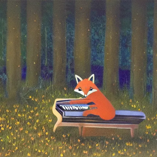 Prompt: A fox playing the piano in a meadow in The Swedish forest during the night under the moonlight, children’s book oil painting