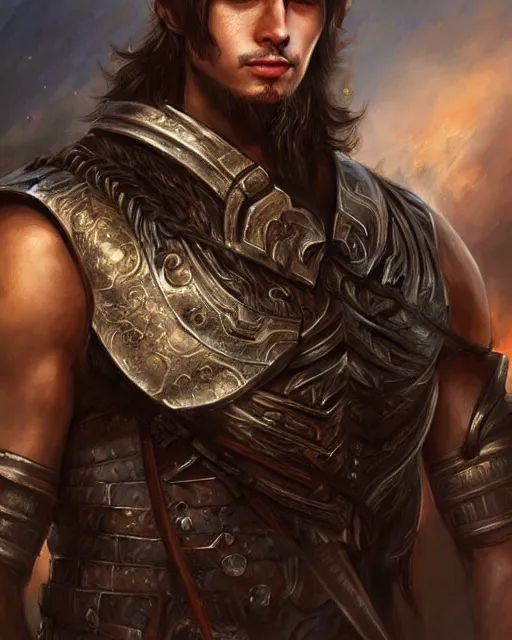 Image similar to a beautiful male warrior, 8 k, hyperrealistic, hyperdetailed, fantasy portrait by laura sava