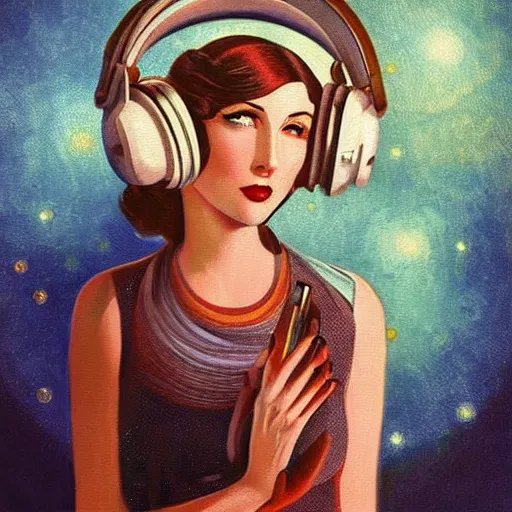 Prompt: intricate, amazing, art deco, retro vintage and romanticism, painting by bryen frost, soft color palette, highly detailed, godess with headphones from space sci - fi of ancient religion