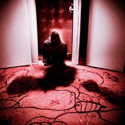 Prompt: Creepy ghost in dirty motel room, red carpet | 70's scratched photo | Aesthetics of Silent Hill game