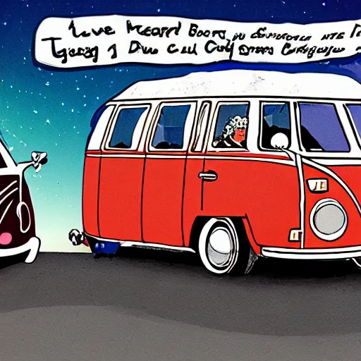 Image similar to illustration of jerry garcia driving a volkswagon bus and waving