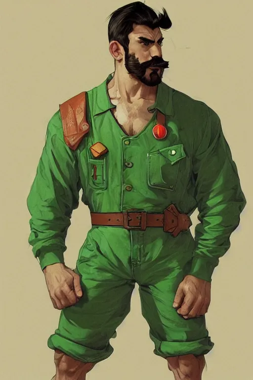 Prompt: gigachad luigi wearing a green shirt and overalls by ilya kuvshinov, bodybuilder ernest khalimov, super mario bros symmetrical face concept art, hyper realistic, intricate, elegent, highly detailed, digital painting, concept art, smooth, sharp, focus, illustration, art by artgerm and greg rutkowski and alphonse mucha, artstation