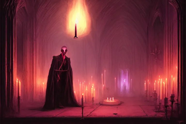 Image similar to Character concept art of Pretty guy male necromancer bringing dead to alive, casting dark magic spell. Gothic Castle room, lots of candles, barely lit warm violet red light, surrounded by ghosts coming through the floor By greg rutkowski, tom bagshaw, beksinski