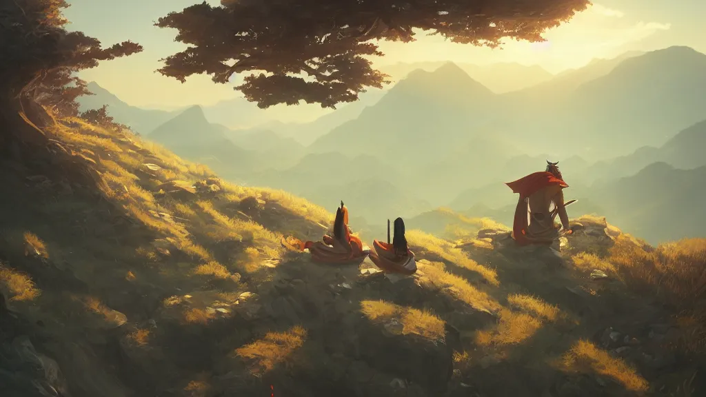 Image similar to samurai resting on a mountain top, cool hazy sky, by sylvain sarrailh, rossdraws, ambient light, ultra detailed, fantasy artwork, 8 k, volumetric lighting, trending on artstation, award winning, very beautiful.