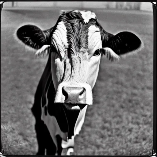 Image similar to Mugshot Portrait of a Guernsey Cow, taken in the 1970s, photo taken on a 1970s polaroid camera, grainy, real life, hyperrealistic, ultra realistic, realistic, highly detailed, epic, HD quality, 8k resolution, body and headshot, film still, front facing, front view, headshot and bodyshot, detailed face, very detailed face