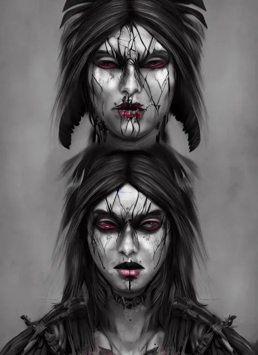 Prompt: digital art of a young woman in dark shamanistic ritual clothing accented by black feathers, dark ravenlike makeup on her face, post apocalyptic, dystopian, high resolution, highly detailed, fallout, raider, 4 k, artstation, sharp lines