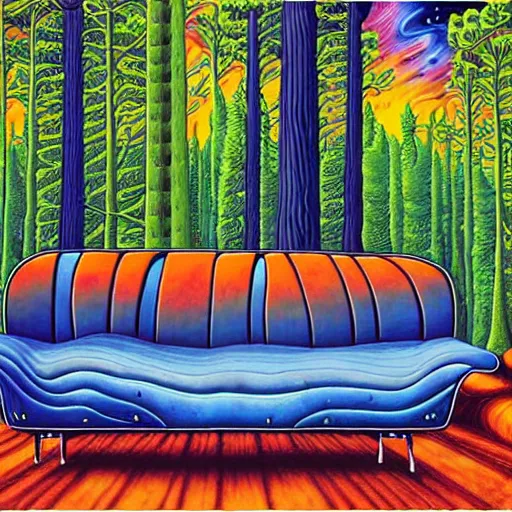 Image similar to psychedelic trippy couch pine forest, planets, milky way, sofa, cartoon by rob gonsalves