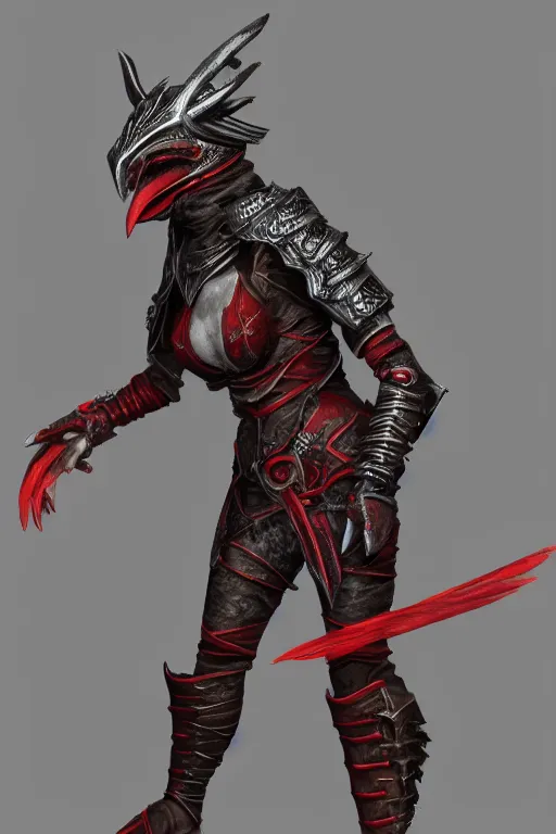 Image similar to female adventurer in tight full - body daedric leather armor of dunmer design with a red porcelain crow mask, trending in artstation, establishing shot