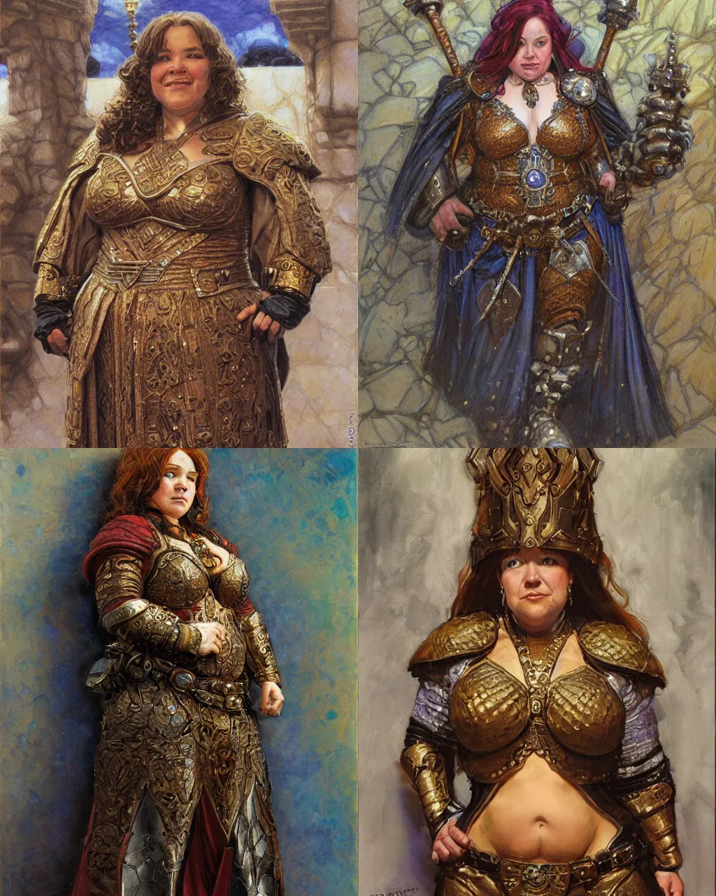 Prompt: female dwarven noblewoman, chubby short stature, elaborate hair, by donato giancola