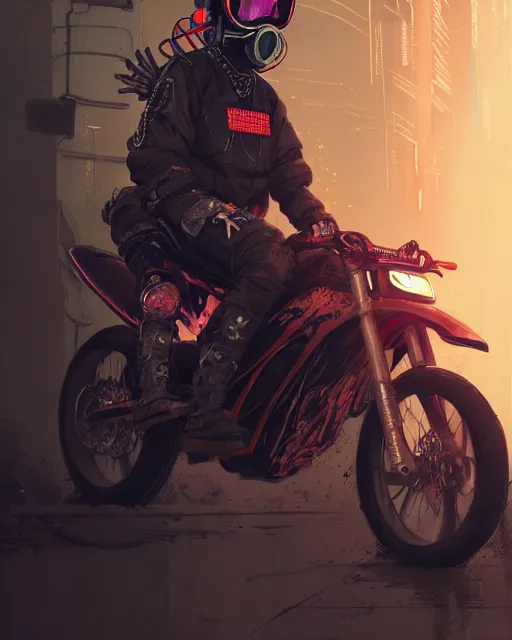 Image similar to koyto animation girl wearing cyberpunk intricate streetwear riding dirt bike, respirator, detailed portrait, cell shaded, 4 k, concept art, by wlop, ilya kuvshinov, artgerm, krenz cushart, greg rutkowski, pixiv. cinematic dramatic atmosphere, sharp focus, volumetric lighting, cinematic lighting, studio quality