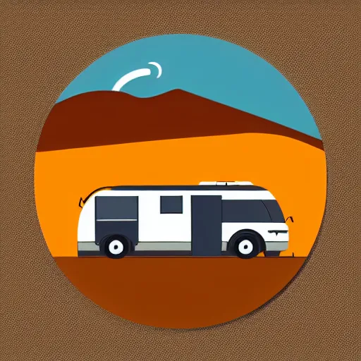 Prompt: very very stylized minimal vector graphic of a cute class c motorhome driving on a hill in the sunset, all enclosed in a circle, professional minimal graphic design cartoon