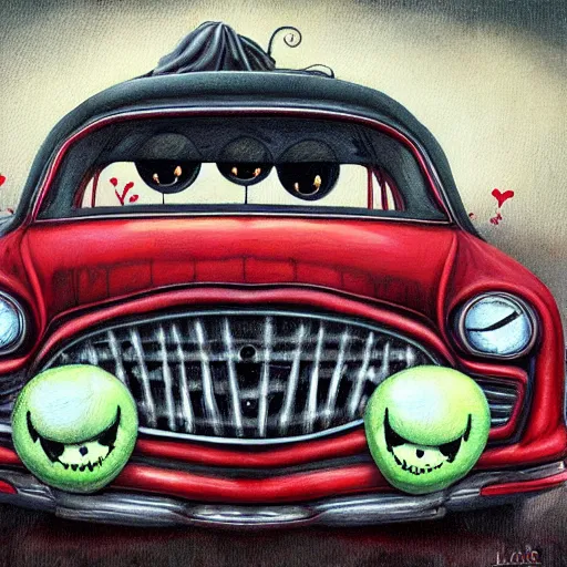 Prompt: grunge painting of a car with a wide smile and a red balloon by chris leib, loony toons style, pennywise style, corpse bride style, horror theme, detailed, elegant, intricate