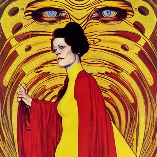 Prompt: portrait by joshua middleton of the actress, sigourney weaver as ming the merciless, archenemy of flash gordon, saviour of the universe, klimt, mucha, 1 9 7 0 s poster,