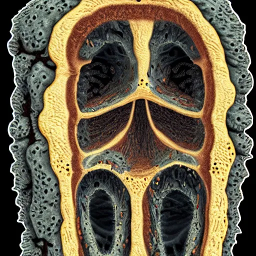 Prompt: a gross cross section of a trypaohobic flesh wall covered in cavities and pores, very grotesque and slimy