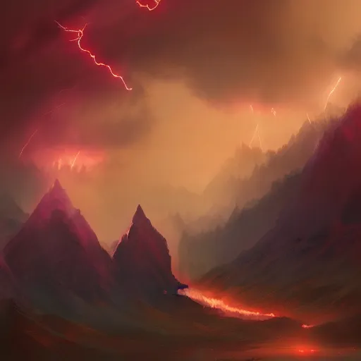 Image similar to arcane ruby lightning stormclouds a mountain range, artstation national geographic, high fantasy