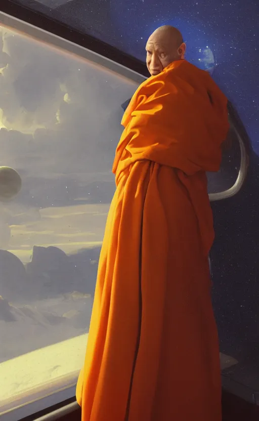 Image similar to portrait of a blind monk in a spaceship, looking out the window at a planet, orange robe, dramatic lighting, artstation, matte painting, johannes vermeer