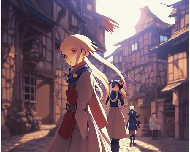 Prompt: anime visual, portrait of a young female walking through a busy medieval village, face by yoh yoshinari, murata range, last exile, blue submarine no 6, dynamic pose, matte print, dynamic perspective, detailed silhouette, cel shaded anime