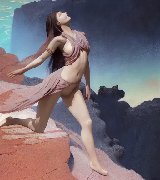 Prompt: close-up Lalisa Manobal bathing on Diamond Head volcano, thermal lava flowing down dark travertine terraces, intricate, elegant, luxurious, digital painting, concept art, smooth, sharp focus, from Star Trek 2021, illustration, by WLOP and Ruan Jia and Mandy Jurgens and William-Adolphe Bouguereau, Artgerm