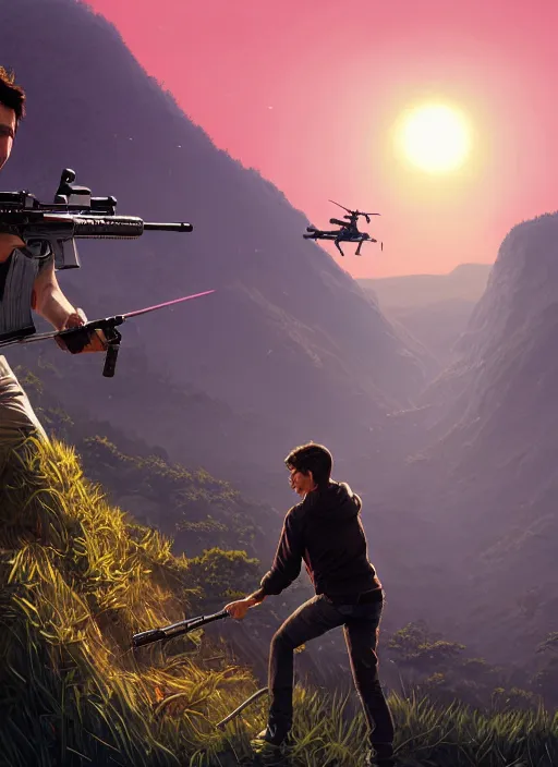 Image similar to highly detailed portrait justin trudeau in ( ( pink hoody ) ) holding ar - 1 5! ( setting costa rica ) in gta v stephen bliss unreal engine fantasy art by greg rutkowski loish rhads ferdinand knab makoto shinkai lois van baarle ilya kuvshinov rossdraws tom bagshaw global illumination radiant light detailed intricate environment