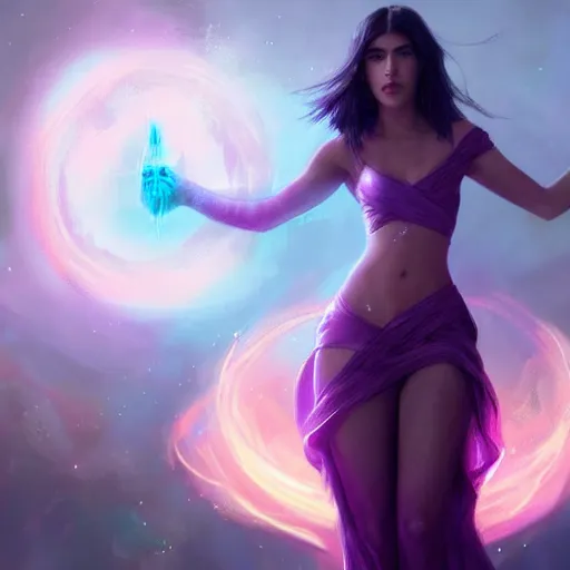 Prompt: a beautiful Purple Magician based on Dua Lipa with glowing aura holding an orb by Greg Rutkowski and Raymond Swanland, Trending on Artstation, cloudy background, ultra realistic digital art