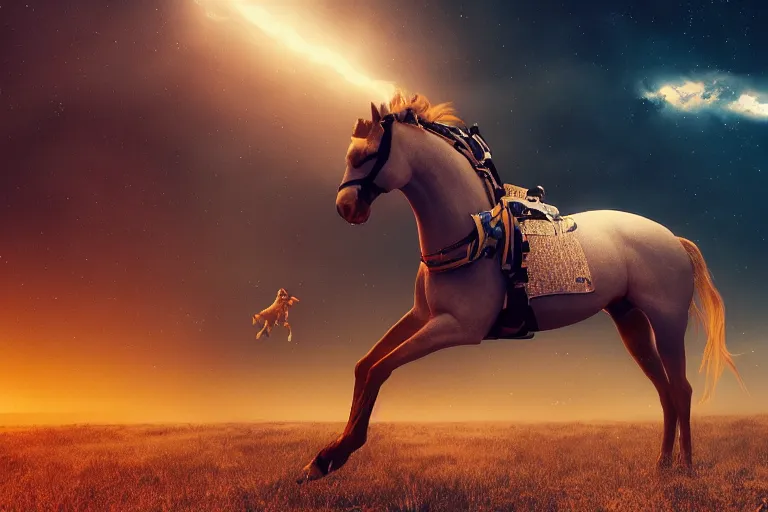 Prompt: a horse on top and an astronaut on bottom, horse is riding on the astronaut, 4 k, ultra details, cinematic, epic style, beautiful photo, hyper realistic, octane render, unreal engine, award winning, on artstation, volumetric lightning, masterpiece, golden hour,