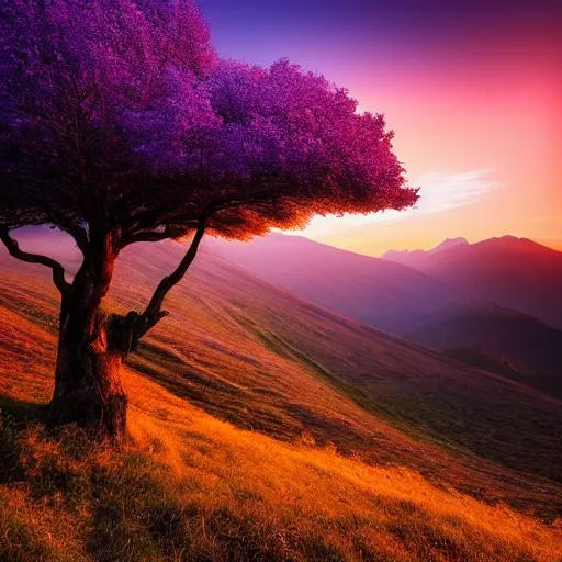 Prompt: a beautiful landscape photography of ciucas mountains mountains a purple intricate tree in the foreground sunset dramatic lighting by marc adamus