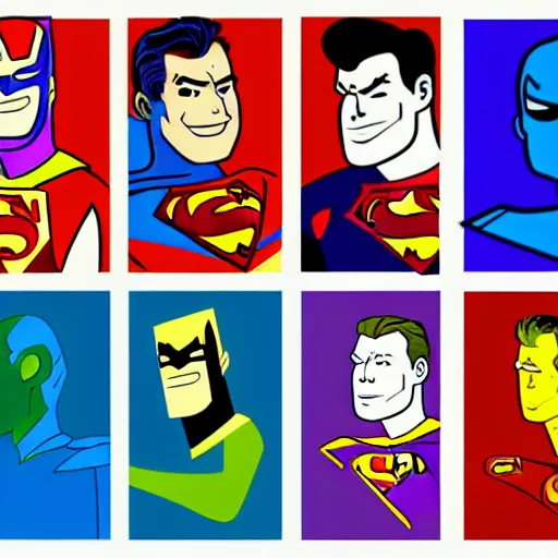 Image similar to pop art cartoon style, handsome, superhero, male with sharp chin, big smile, cartoon network, portrait