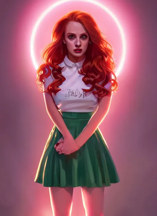 Image similar to full body portrait of teenage cheryl blossom, bangs, green eyes, sultry expression, red hair, sultry smirk, bangs and wavy hair, pink skirt, intricate, elegant, glowing lights, highly detailed, digital painting, artstation, concept art, smooth, sharp focus, illustration, art by wlop, mars ravelo and greg rutkowski