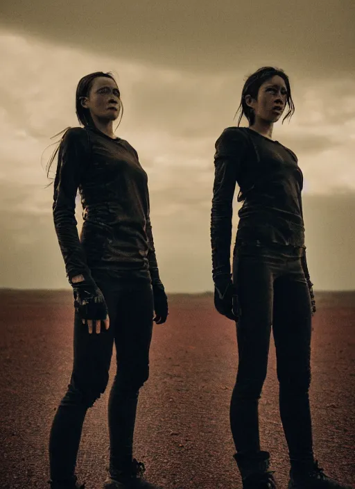 Image similar to cinestill 5 0 d photographic portrait of two loving female androids wearing rugged black techwear on a desolate plain with a red sky, extreme closeup, lizard on ground, cyberpunk style, in front of a brutalist dark metal facility, dust storm, 8 k, hd, high resolution, 3 5 mm, f / 3 2, ultra realistic faces