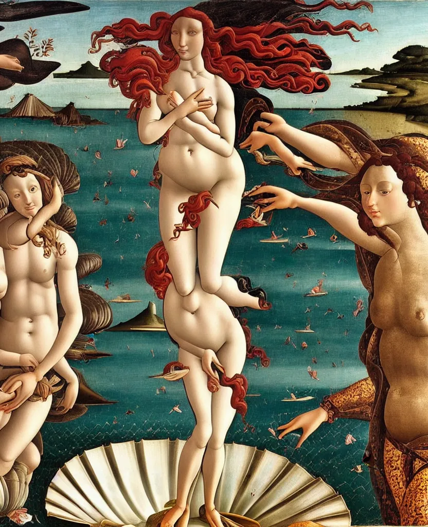Image similar to Botticelli The birth of Venus as a pretty African Black woman with short black hair and black skin rising from the sea on a shell, accurate face