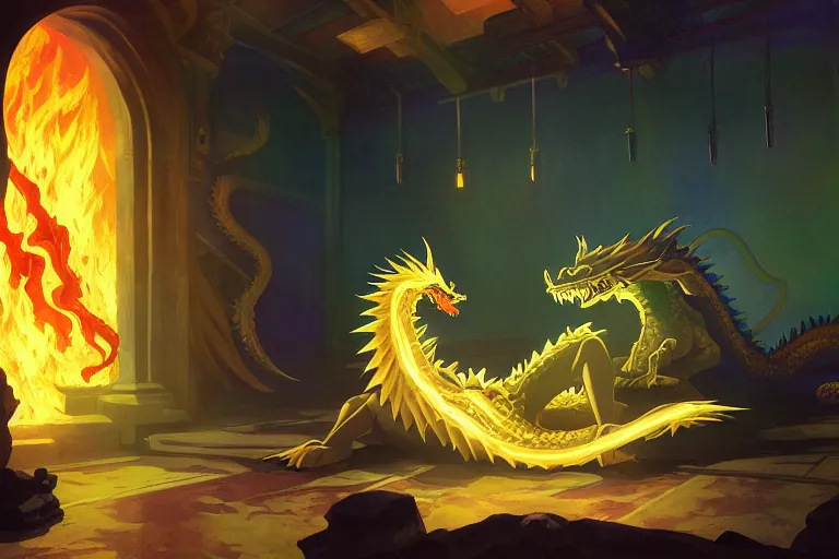 Prompt: anime key visual of majestic prismatic dragon sleeping in a treasury of gold and treasure, great dwarven halls lit by cauldrons of fire, high fantasy, style of jamie wyeth james gilleard edward hopper greg rutkowski acrylic painting, preserved museum piece, historical