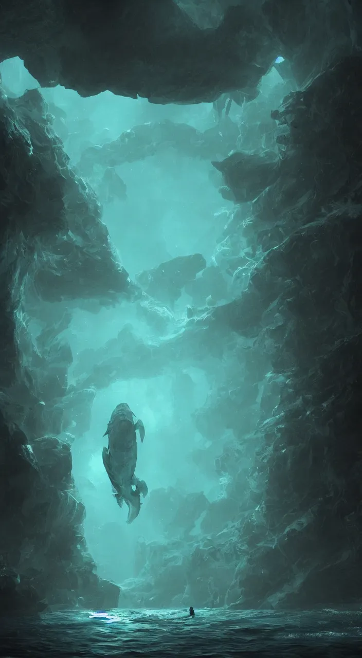 Image similar to Underwater luminescent cave with swimming Leviathan floating diver, eerie, lovecraftian, moody, concept art, cinematic