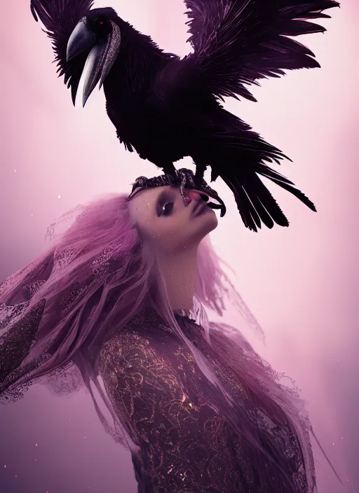 Image similar to dreamlike luxury portrait of a gothic raven, pale pink and gold, 8 k realistic, hyperdetailed, beautiful lighting, detailed background, depth of field, frostbite 3 engine, cryengine,