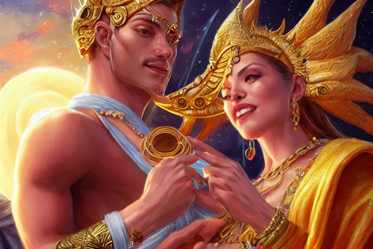 Image similar to close up moment of a divine a sun god and a moon goddess lovers magician at a wedding banquet, highly detailed, d & d, fantasy, highly detailed, digital painting, trending on artstation, concept art, sharp focus, illustration, art by artgerm and greg rutkowski and magali villeneuve