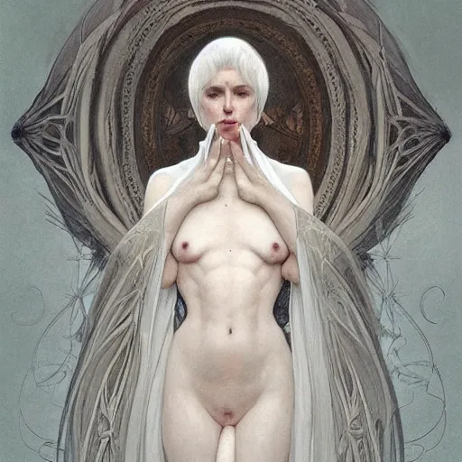 Image similar to portrait of a beautiful ethereal delicate roman catholic bishopress meditative sacral pose catholic stages of the cross, white hair, intricate, elegant, highly detailed, digital painting, artstation, concept art, smooth, sharp focus, illustration, art by krenz cushart and artem demura and alphonse mucha