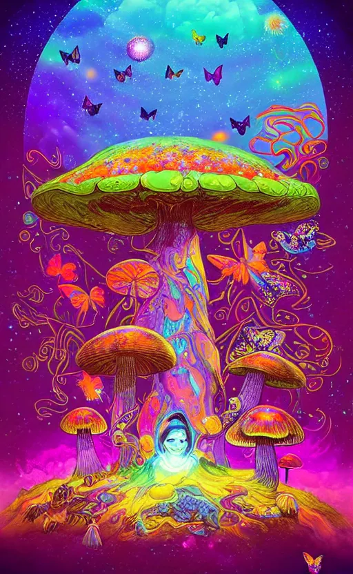 Prompt: psychedelic mushrooms, enchanted alien world, mushrooms on the ground, aliens, galaxy in the sky, butterflies, rainbows, bright colors, psychedelic, wide angle shot, vector art, fantasy poster by helen huang and frank frazetta and salvador dali