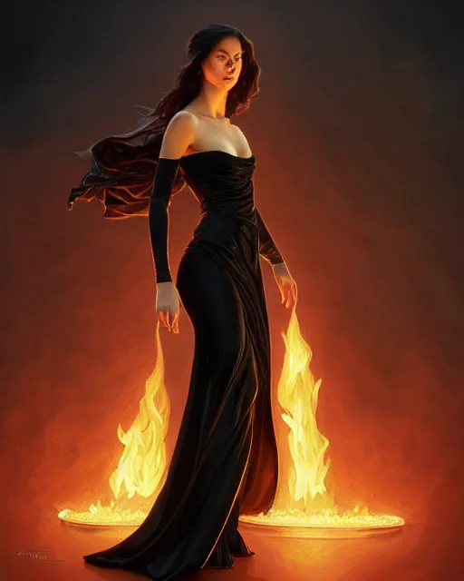 Image similar to Olivia Rodrigo in an elegant black silk dress casting a fire spell, medium-length portrait, dramatic lighting, D&D, fantasy, intricate, elegant, highly detailed, digital painting, artstation, concept art, matte, sharp focus, illustration, hearthstone, art by Artgerm and Greg Rutkowski and Alphonse Mucha