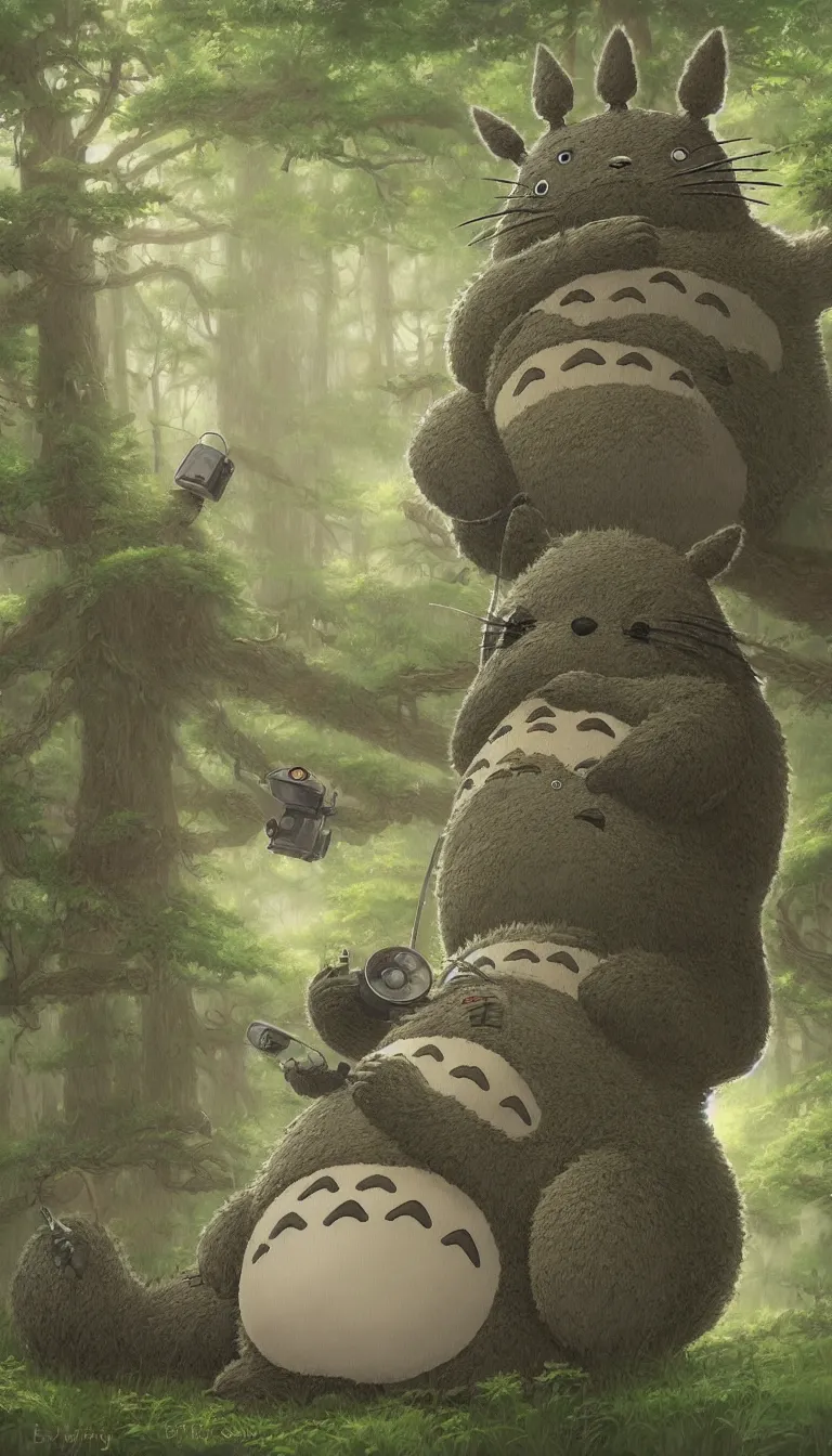 Image similar to illustration of totoro holding a large film camera, studio ghibli, pixar, high detail, award-winning, forest, digital painting, concept art, by Evgeny Lushpin