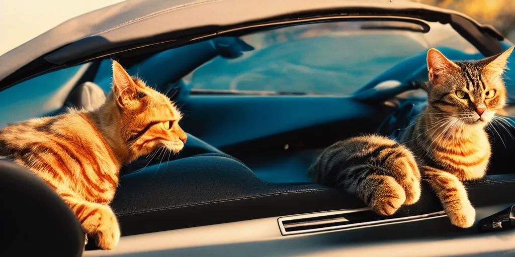 Prompt: side view of convertible, cat homies chilling in car, paws on steering wheel, golden hour, clear sky