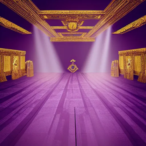 Prompt: Digital art of the golden throne room Imperial matte finish, ominous dramatic wide angle, god rays purple banners