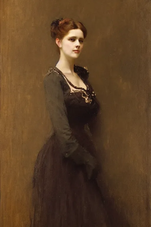 Prompt: Solomon Joseph Solomon and Richard Schmid and Jeremy Lipking victorian genre painting full length portrait painting of a young beautiful woman victorian german bar maid