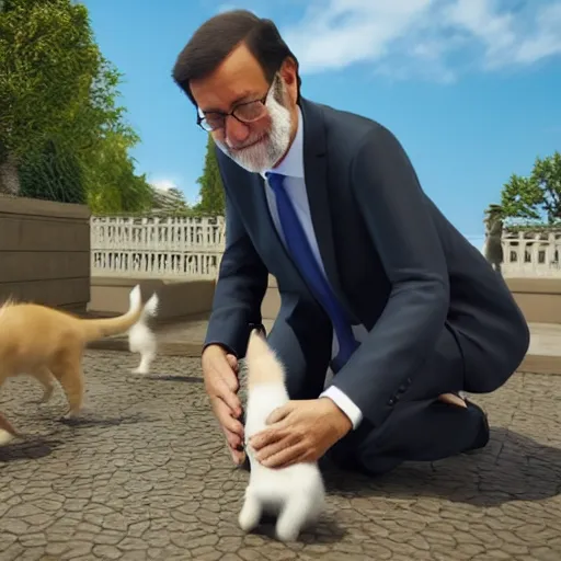 Image similar to mariano rajoy petting kitties, realistic, 4k, unreal engine, lumine,