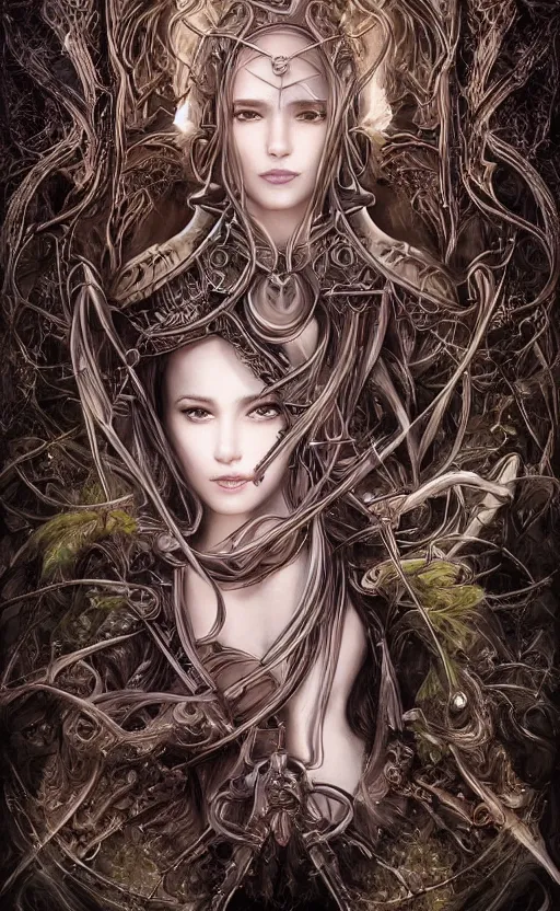 Prompt: a professional portrait of a beautiful young female, clothed in ethereal battle armor, olive skin, long dark hair, beautiful bone structure, symmetrical facial features, deep forest psytrance Neo-Gothic concept, infinity glyph waves, intricate artwork masterpiece, very coherent artwork, cinematic, full frontal facial features by Artgerm, Takato Yamamoto, Zdizslaw Beksinski, Johnatan Wayshak, Moebius, Ayami Kojima, very coherent artwork, trending on cgsociety, ultra high quality model, production quality cinema model, high detail chromatic ink outline, octane render, unreal engine 8k, hyper realism, high detail, octane render, unreal engine, 8k, High contrast