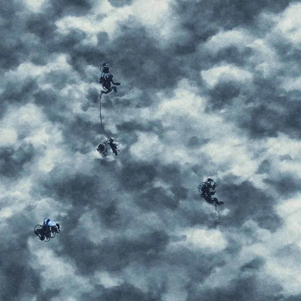 Image similar to a scubadiver floating above the clouds, closeup, digital illustration